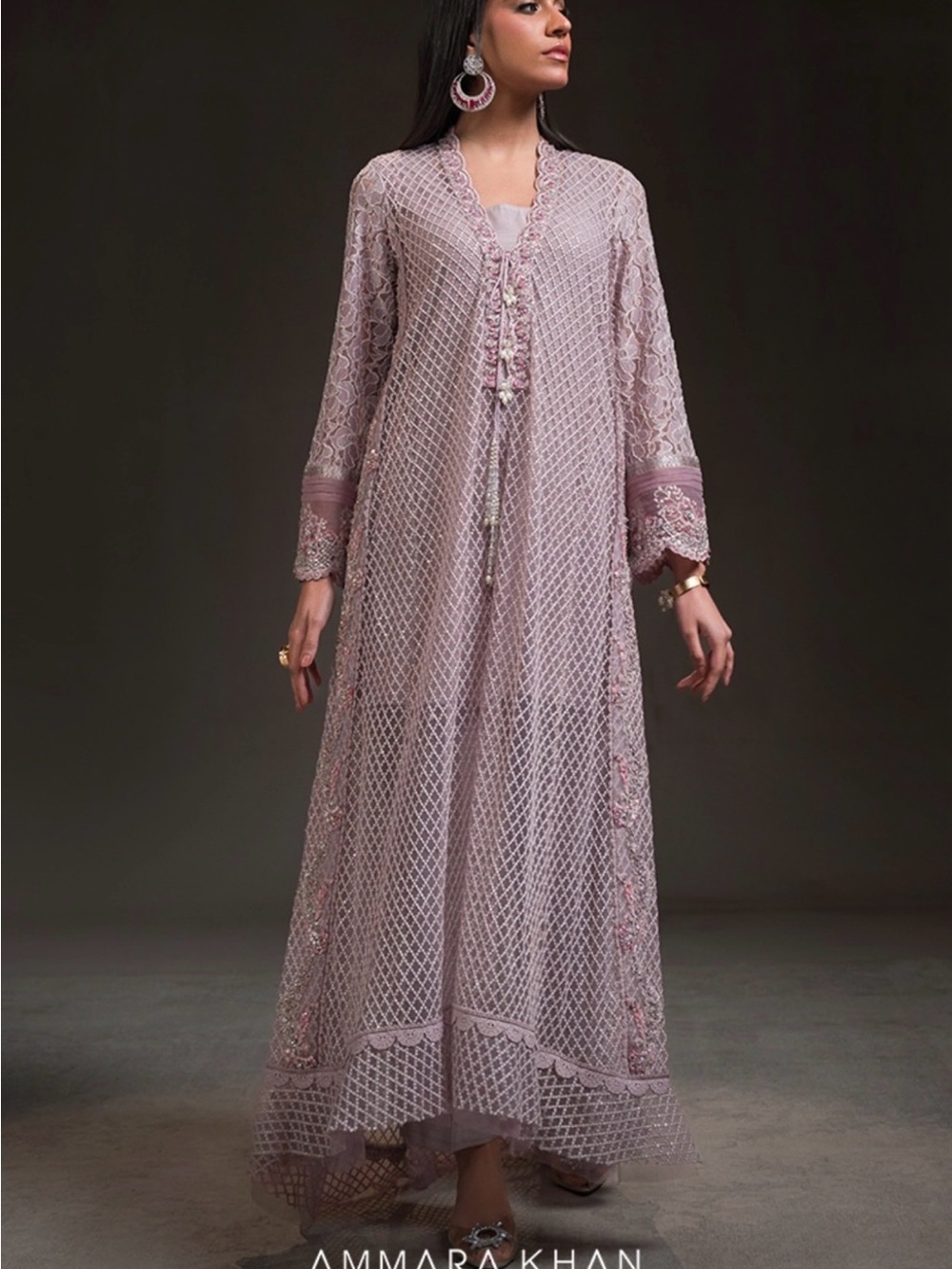 Ammara Khan Long Sleeve Lace Maxi Dress in Dusty Pink
